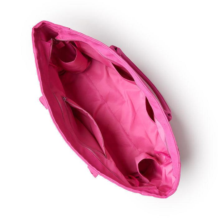 Hot pink athletic canvas tote bag with spacious interior and inner zip pocket for organization. Ideal for workouts or daily use.