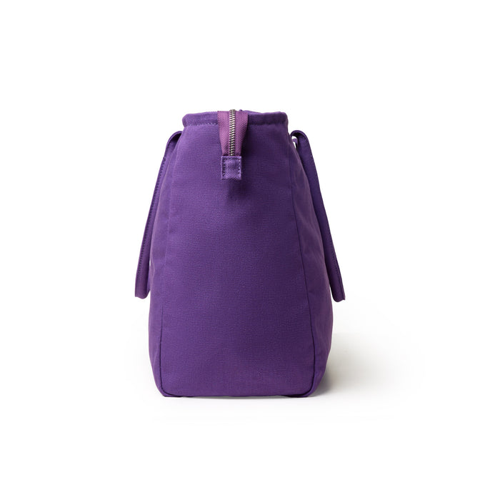 Purple athletic canvas tote bag with a zippered top and two sturdy handles, ideal for gym or everyday use.