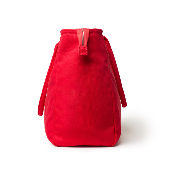 Red athletic canvas tote bag featuring a zippered closure and sturdy handles for easy carrying.