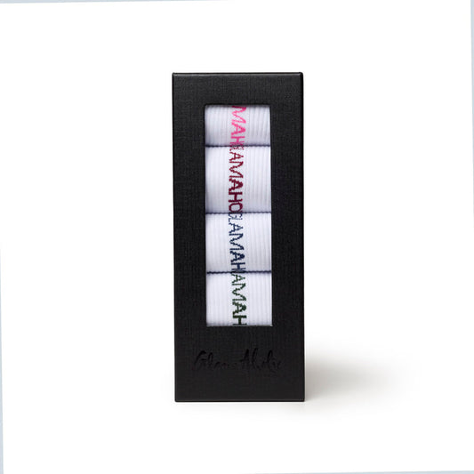 Dark multi athletic crew socks in a stylish box, featuring playful text in vibrant colors for a fun, sporty look.