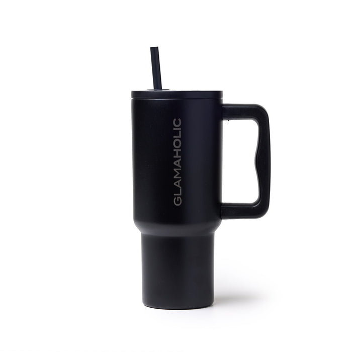 Black athletic tumbler with a handle and straw, featuring the Glam-Aholic logo, designed for on-the-go hydration.