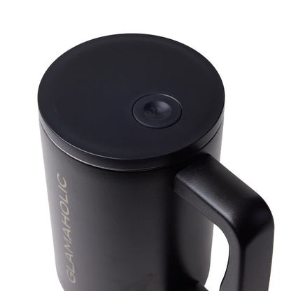 Black athletic tumbler with a sleek design and a sturdy handle, featuring a secure lid for easy sipping.