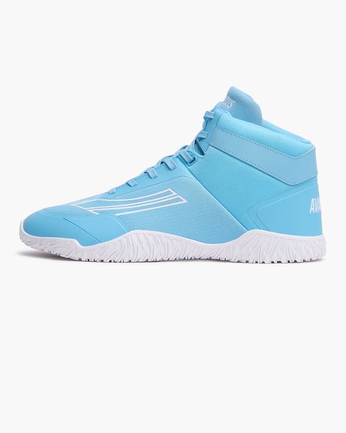 Light blue high-top sneaker with white sole on a light gray background for powerlifting