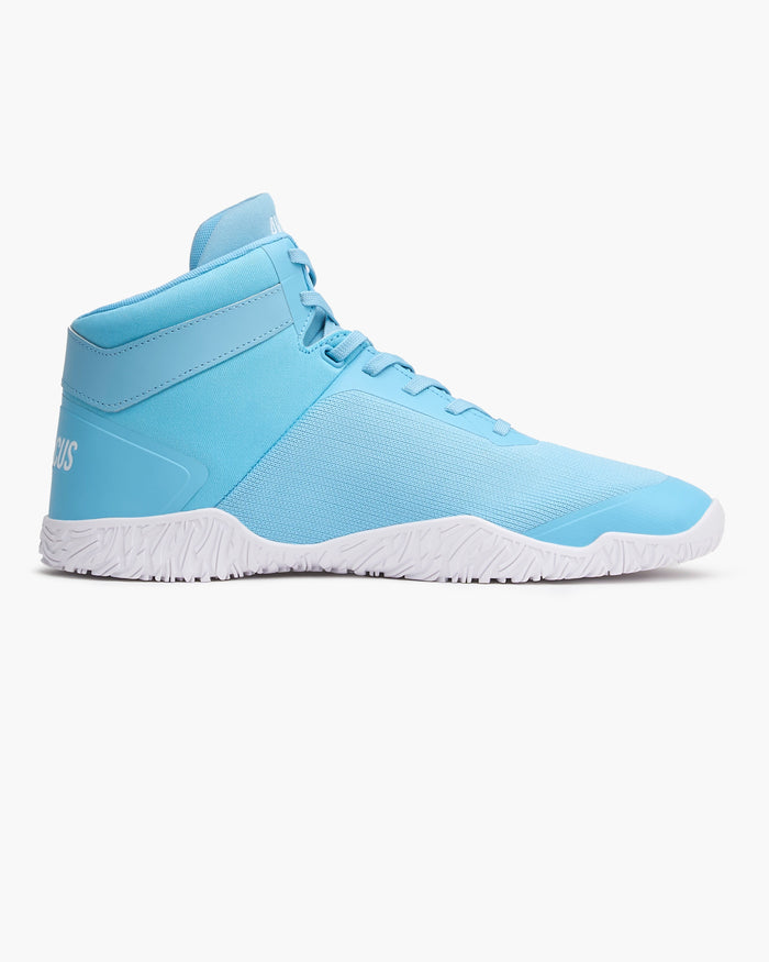 Close-up of a blue shoe with white sole on a light gray background for powerlifting