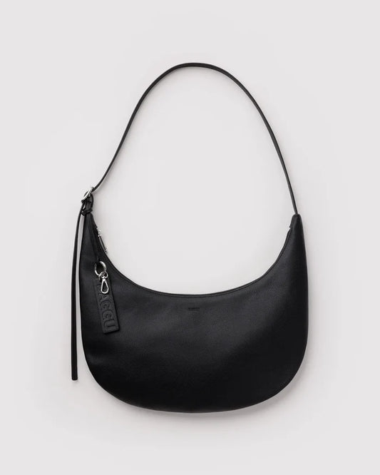 BAGGU - Medium Leather Flat Crescent Bag in Black