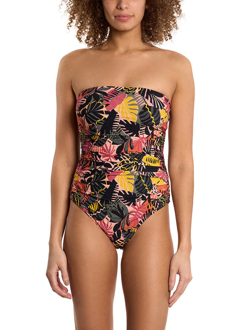 Palm Springs Tropical Print Ruched Bandeau One Piece Swimsuit - Front View On Model | Hanky Panky