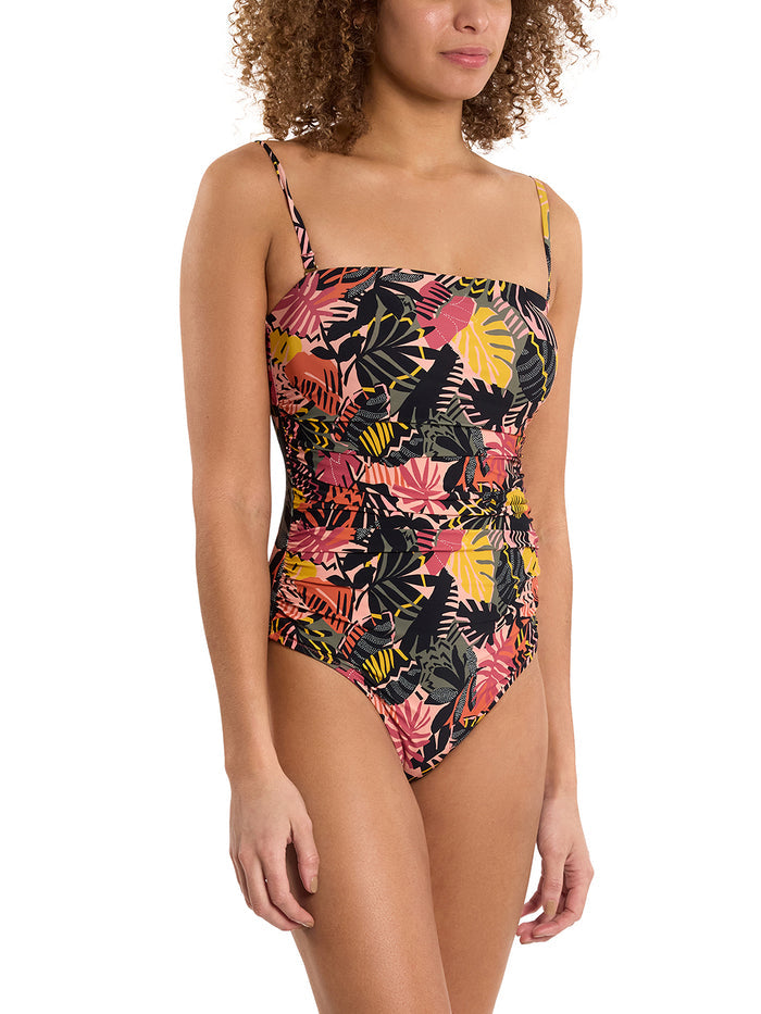 Palm Springs Tropical Print Ruched One Piece Swimsuit with Straps - Side Angle On Model | Hanky Panky