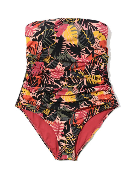 Palm Springs Tropical Print Ruched Bandeau One Piece Swimsuit - Flat Lay Front No Straps | Hanky Panky