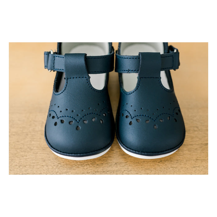 Birdie Girl's Navy Leather T-Strap Stitched Mary Jane (Baby) - Angel Baby Shoes