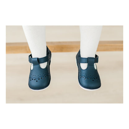 Birdie Girl Navy Leather T-Strap Stitched Mary Jane Shoe - First Walker - Angel Baby Shoes