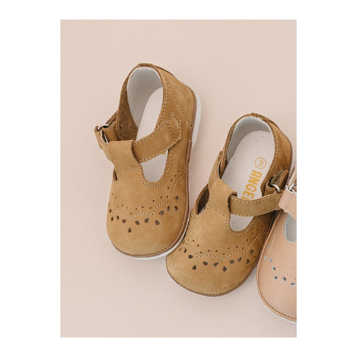 Angel Baby Girls Birdie Nubuck Khaki Leather T-Strap Mary Jane