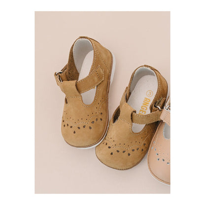 Angel Baby Girls Birdie Nubuck Khaki Leather T-Strap Mary Jane