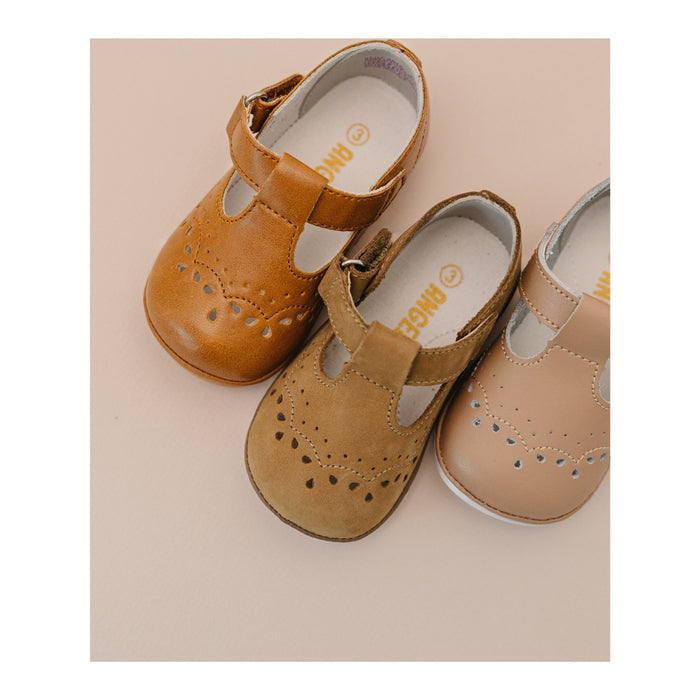 Angel Baby Girls Birdie Nubuck Khaki Leather T-Strap Mary Jane