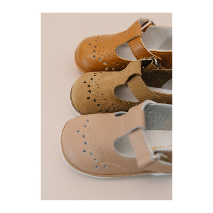 Angel Baby Girls Birdie Nubuck Khaki Leather T-Strap Mary Jane