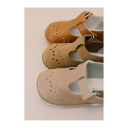 Angel Baby Girls Birdie Nubuck Khaki Leather T-Strap Mary Jane