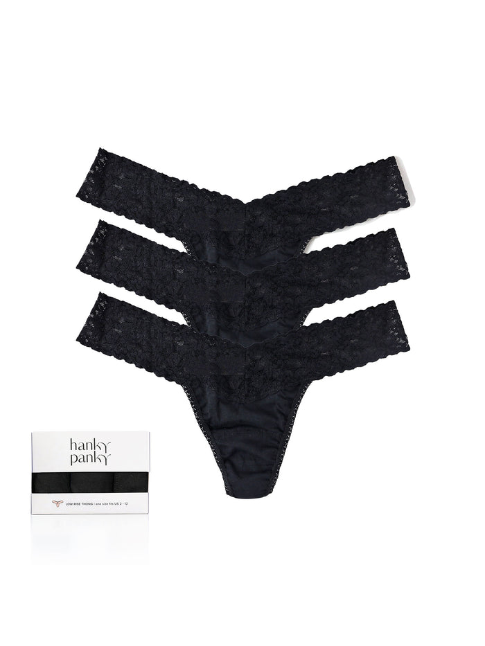 Black Supima® Cotton Low Rise Thong 3-Pack with Lace Waistband - Flat Lay with Gift Box | Hanky Panky