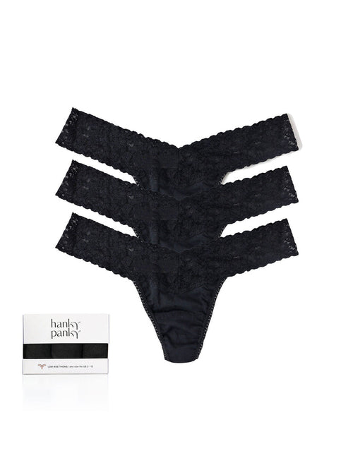 Black Supima® Cotton Low Rise Thong 3-Pack with Lace Waistband - Flat Lay with Gift Box | Hanky Panky