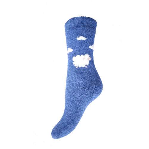 Blue fluffy sheep and clouds wool blend socks