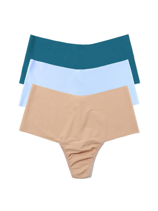 BreatheSoft™ High Rise Thong 3 Pack Spring Neutrals - Teal, Periwinkle & Nude Flat Lay | Hanky Panky