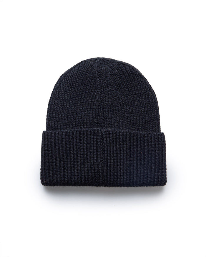 Black classic knit beanie hat with a folded brim, made of warm, ribbed fabric, perfect for cold weather.