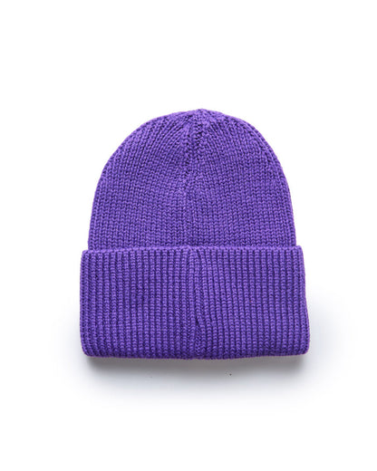 Purple knit beanie hat with a folded cuff, made of classic ribbed material, designed for warmth and style.