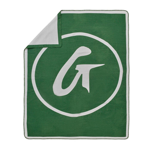 Classic green throw blanket featuring a white logo design, perfect for adding style and comfort to any space.