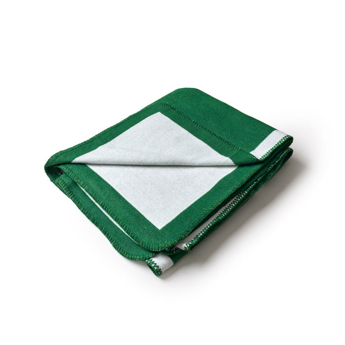 Cozy green throw blanket with a contrasting white border, perfect for adding warmth and style to any space.