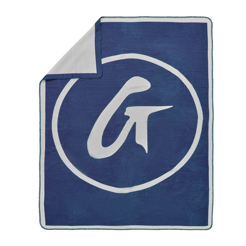 Navy classic throw blanket featuring a large white logo in the center, perfect for cozying up in style.