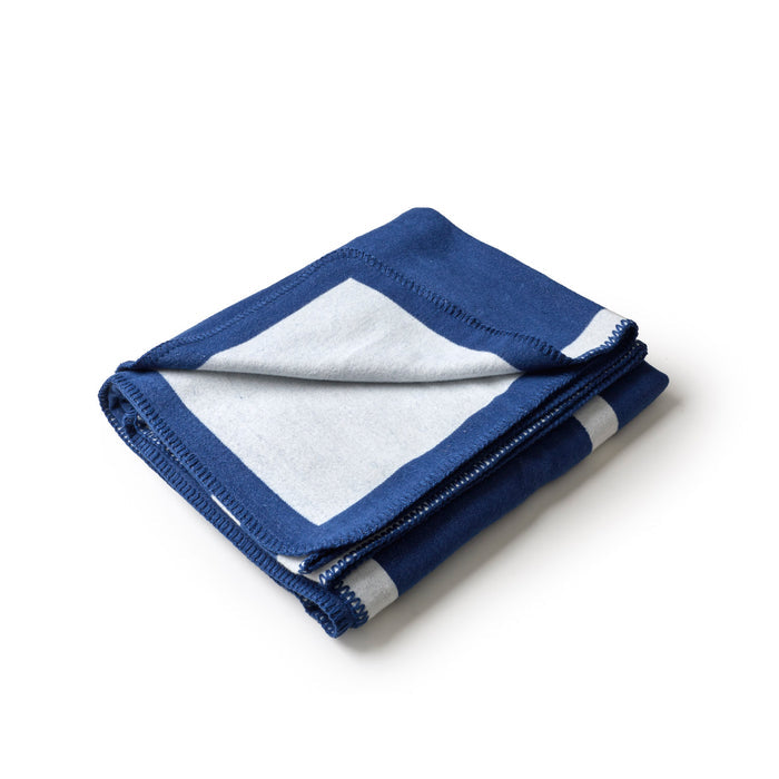 Soft navy throw blanket with a contrasting light gray border, perfect for cozying up in style.
