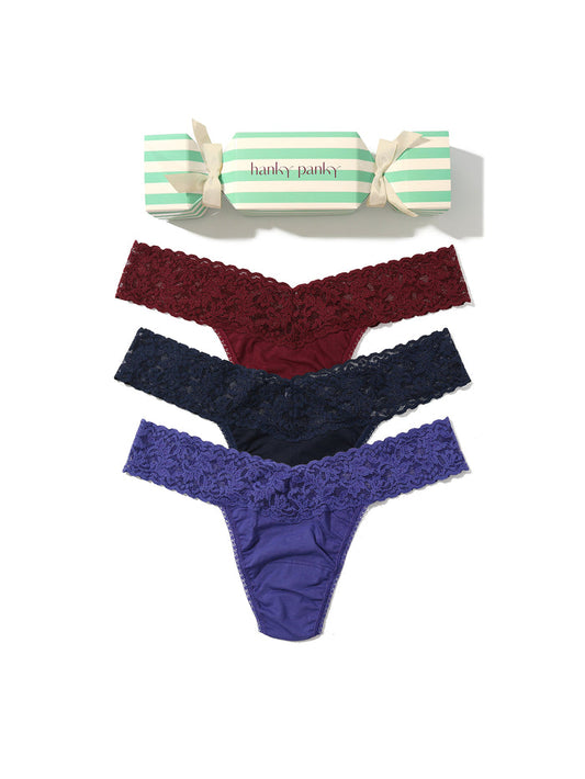Cabernet, Navy & Purple Cotton Low Rise Thong Holiday 3-Pack with Cracker Gift Box - Flat Lay | Hanky Panky