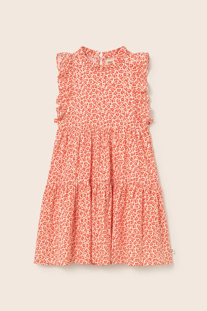 Cozmo- Perla Animal Print Cotton Dress in Tomato