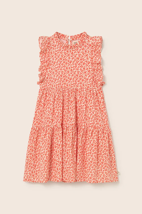 Cozmo- Perla Animal Print Cotton Dress in Tomato