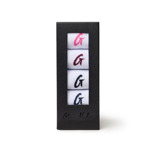 Dark multi crew socks in a stylish black box featuring the Glam-Aholic logo and colorful G branding.