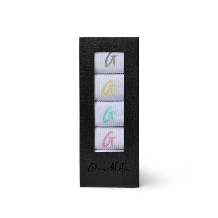 Pastel multi crew socks in a stylish box featuring the Glam-Aholic logo, perfect for adding a pop of color to any outfit.
