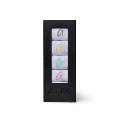 Pastel multi crew socks in a stylish box featuring the Glam-Aholic logo, perfect for adding a pop of color to any outfit.