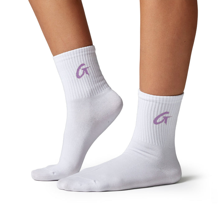 Pastel multi crew socks featuring a white base and a subtle lavender logo, perfect for casual and stylish outfits.