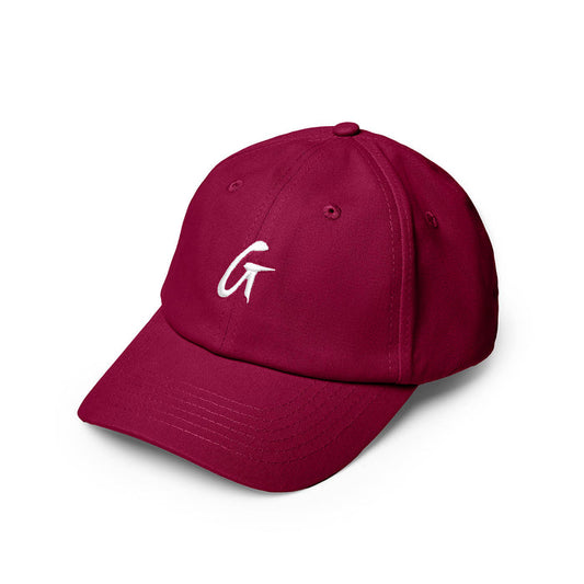 Burgundy dad hat featuring a white embroidered letter G, perfect for casual styling and everyday wear.