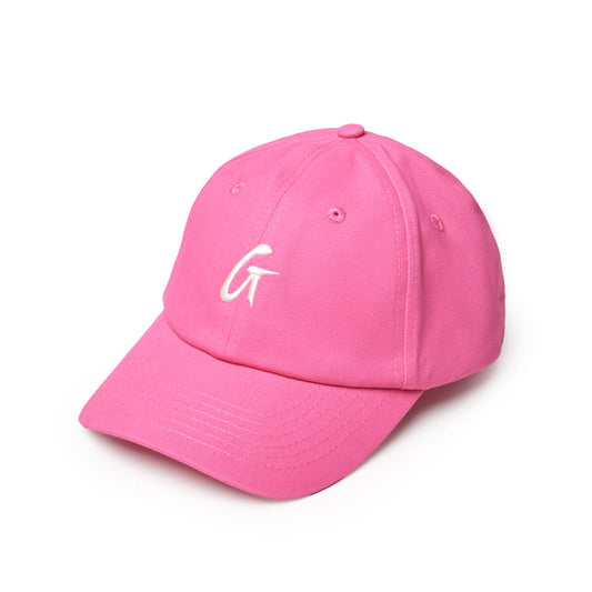 Hot pink dad hat featuring a white embroidered "G" logo, perfect for casual, stylish outfits.