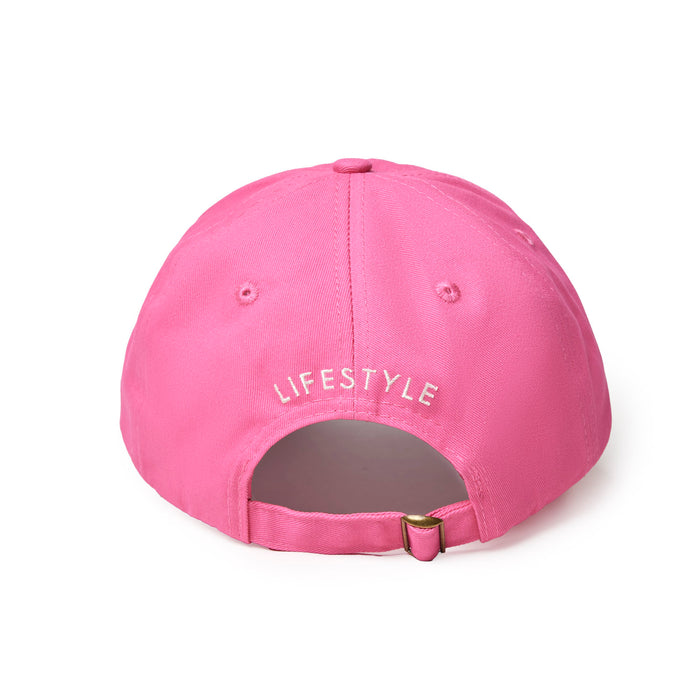 Hot pink dad hat featuring a stylish embroidered "LIFESTYLE" on the back for a trendy, casual look.