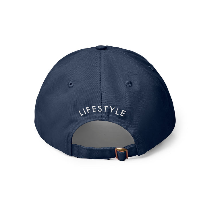 Navy dad hat featuring "LIFESTYLE" embroidered on the back, perfect for casual, stylish wear.