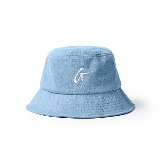 Light blue denim bucket hat with a white embroidered "G" logo on the front, featuring a wide brim and casual style.