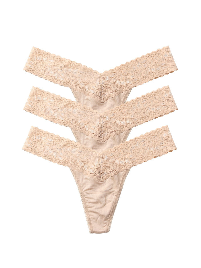 Chai DreamEase™ Low Rise Thong 3-Pack, lace waistband flat lay on white | Hanky Panky