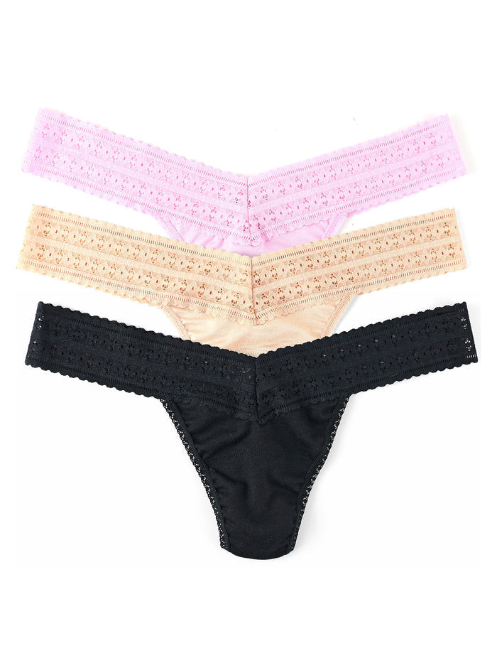 DreamEase™ Low Rise Thong 3-Pack in Chai, Black & Candy Pink - Flat Lay | Hanky Panky