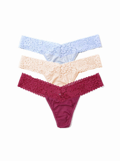 DreamEase™ Low Rise Thong 3-Pack in serenity blue, chai, and California raisin purple - Flat Lay | Hanky Panky