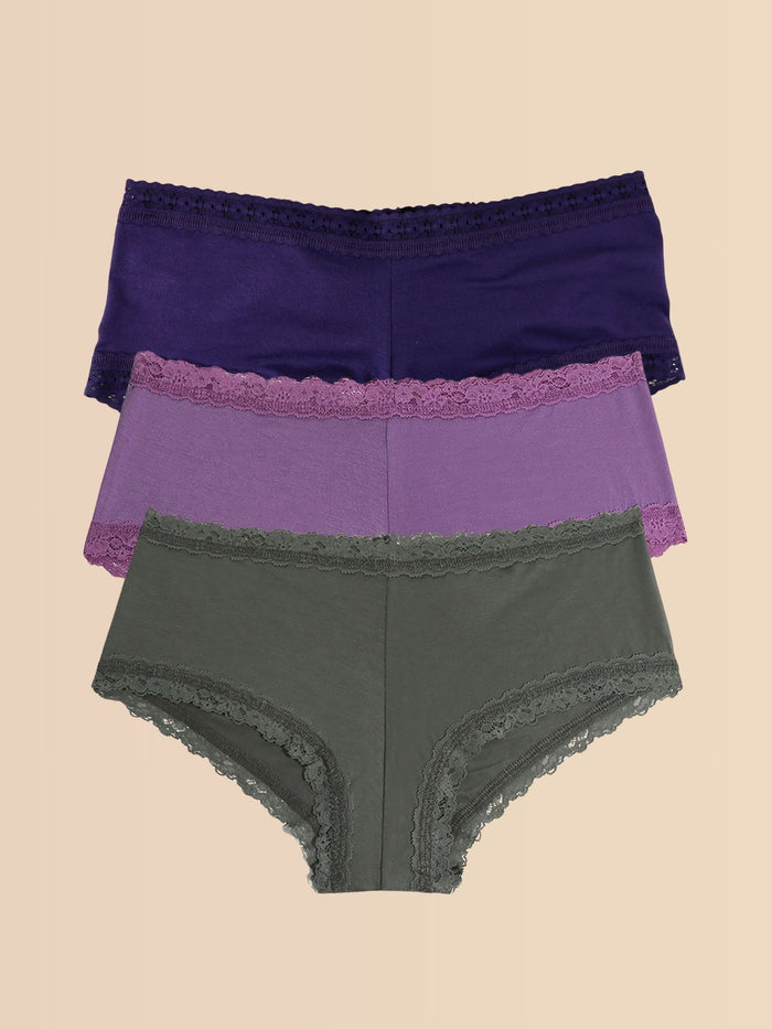 Indigo, Berry Pie Purple & Grey DreamEase™ Boyshort 3-Pack with Lace Trim - Flat Lay | Hanky Panky