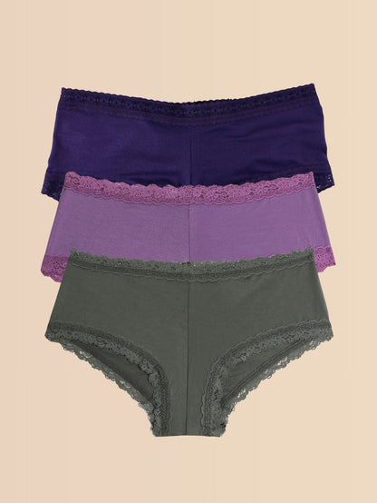 Indigo, Berry Pie Purple & Grey DreamEase™ Boyshort 3-Pack with Lace Trim - Flat Lay | Hanky Panky