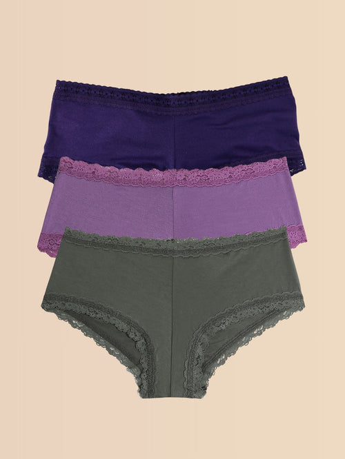 Indigo, Berry Pie Purple & Grey DreamEase™ Boyshort 3-Pack with Lace Trim - Flat Lay | Hanky Panky