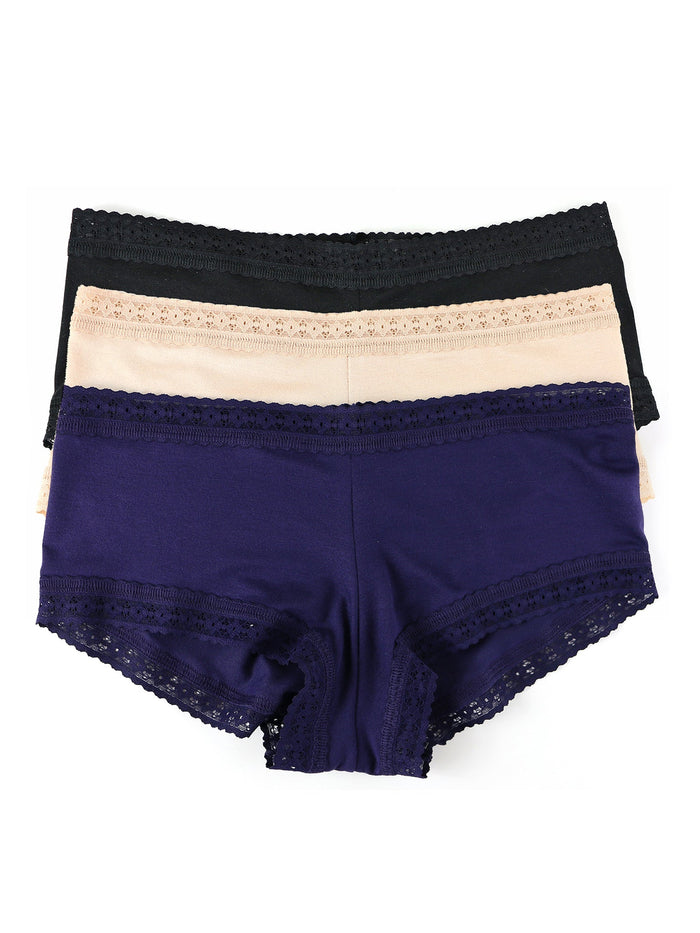 DreamEase™ Boyshort 3 Pack Black Chai Indigo Flat Lay - Lace Trim Modal Boyshorts 3-Pack | Hanky Panky
