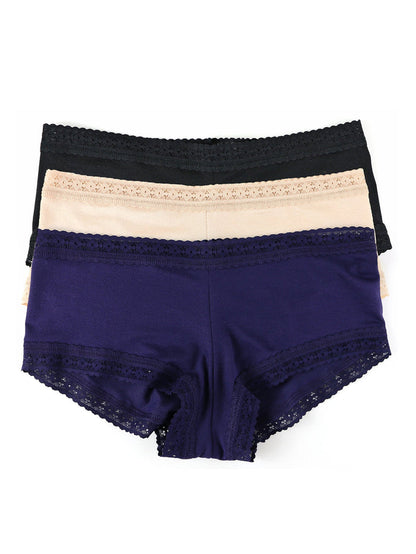 DreamEase™ Boyshort 3 Pack Black Chai Indigo Flat Lay - Lace Trim Modal Boyshorts 3-Pack | Hanky Panky