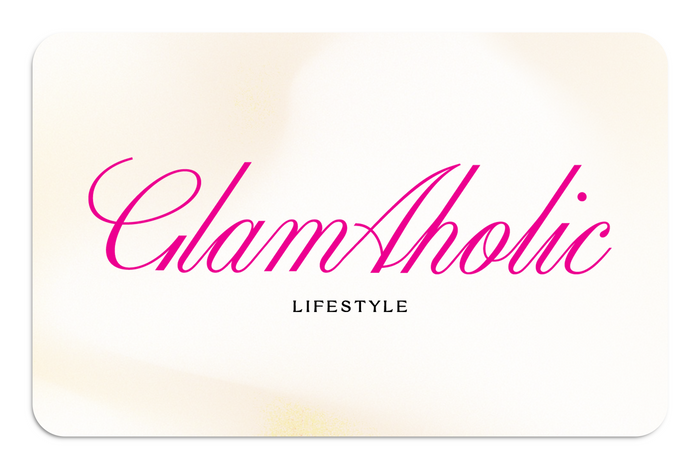 E-gift card featuring the Glam-Aholic Lifestyle logo in pink on a soft, neutral background. Perfect for gifting luxury products.